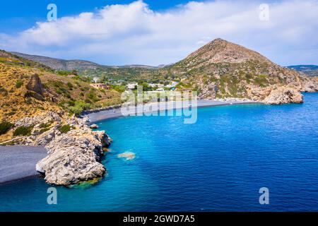 Spiaggia del vulcano Mavra Volia sull'isola di Chios, Grecia Foto Stock