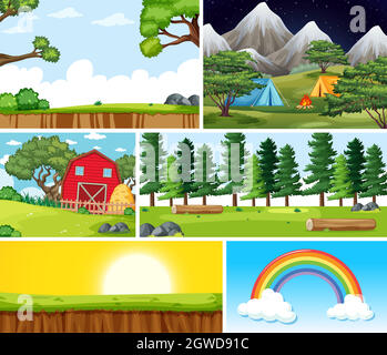 Sei scene diverse in natura impostazione stile cartoon Illustrazione Vettoriale