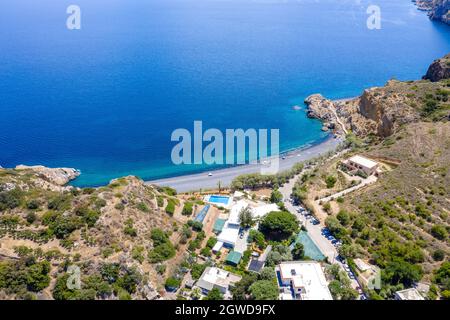 Spiaggia del vulcano Mavra Volia sull'isola di Chios, Grecia Foto Stock