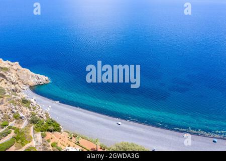 Spiaggia del vulcano Mavra Volia sull'isola di Chios, Grecia Foto Stock