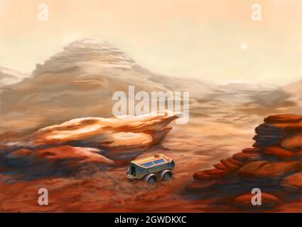 Veicolo che esplora Mars Surface. Pittura digitale. Foto Stock