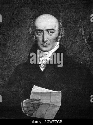 Illustrazione B&W; Ritratto di George Canning (1770 - 1827), statista britannico e primo Ministro nel 1827 Foto Stock