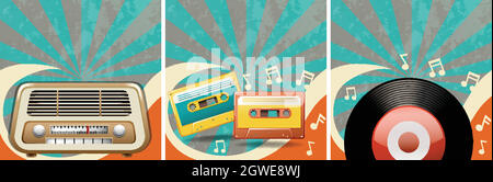 Retro background design con vecchia radio e casette Illustrazione Vettoriale