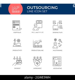 Modello vettoriale pacchetto icone linea di outsourcing. Tratti personalizzabili. Modello di design unico Illustrazione Vettoriale