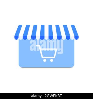 Concetto di vettore di shopping online. Negozio di mockup e carrello per lo shopping. Logo modello, immagine. Illustrazione vettoriale. Illustrazione Vettoriale