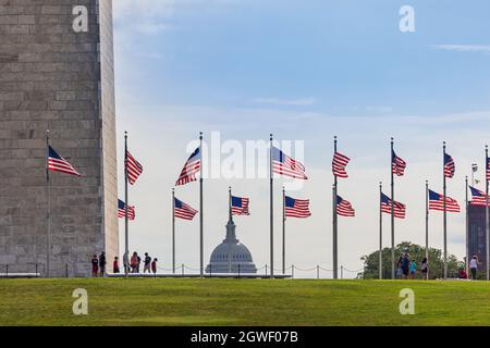 WASHINGTON DC, USA - 15 AGOSTO 2021: Il Campidoglio circondato da bandiere americane del Washington Memorial. Foto Stock