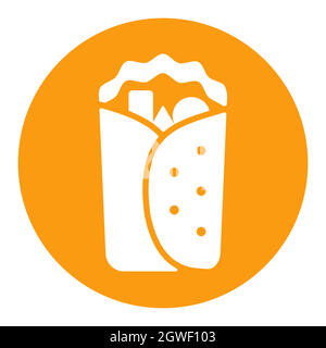 Icona del glifo bianco del vettore burrito Wrap. Cartello fast food Illustrazione Vettoriale