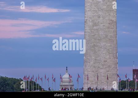 WASHINGTON DC, USA - 15 AGOSTO 2021: Il Campidoglio circondato da bandiere americane del Washington Memorial. Foto Stock