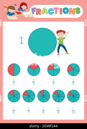 Un foglio di lavoro delle frazioni matematiche Illustrazione Vettoriale