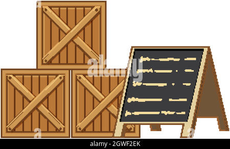 Casse di legno con menù nero asse isolato su bianco nero terra Illustrazione Vettoriale