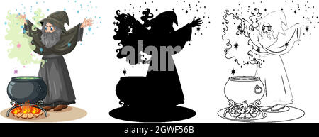 Strega con magic pot nero a colori e contorno e personaggio cartoon silhouette isolato su sfondo bianco Illustrazione Vettoriale