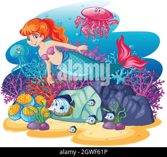 Carino sirena con animale mare tema scena cartoon stile isolato Illustrazione Vettoriale