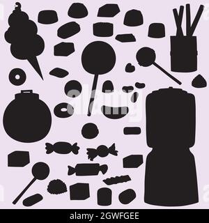 Caramelle disegnate a mano. Lecca, cioccolato, distributore di gomme vintage, liquirizia, caramelle di cotone, fagioli di gelatina. Silhouette nera. Illustrazione Vettoriale