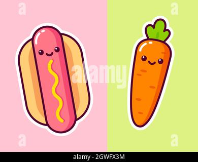 Carino hot dog cartoon e carota con divertenti volti kawaii. Icona snack sano e malsano. Cibo spazzatura e dieta vegetale. Illustrazione grafica della clip vettoriale. Illustrazione Vettoriale