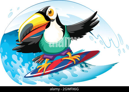 Toucan su tavola da surf nell'onda gigante Illustrazione Vettoriale