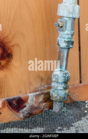 Vecchio tubo che perde con la vite della valvola di isolamento rotta che mostra danni all'acqua e al calcare su vecchi tappeti e pannelli di legno Foto Stock