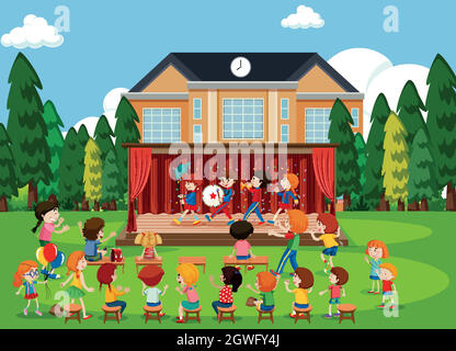 Gente che guarda la band sul palco Illustrazione Vettoriale