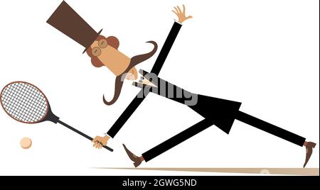 Gentiluomo gioca tennis illustrazione isolato. I baffi uomo nella top hat gioca tennis isolato su bianco Illustrazione Vettoriale