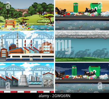 Set di scene inquinate Illustrazione Vettoriale