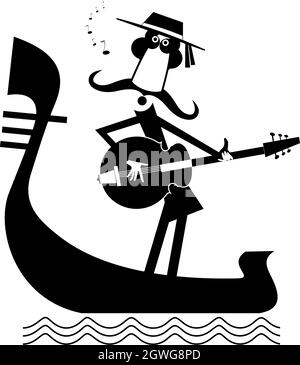 Uomo con illustrazione di chitarra e gondola. Divertente gondoliere con lunghi baffi a bordo di una gondola suona la chitarra e cantando isolato su bianco Illustrazione Vettoriale