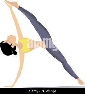 Giovane donna con la figura del lithe che fa lo sport o lo yoga esercita l'illustrazione. Giovane donna con la figura del lithe piega un corpo isolato su bianco Illustrazione Vettoriale