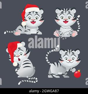 Tigre bianca come simbolo del nuovo anno 2022, in Santa cappello e altre decorazioni di Natale. Zodiaco cinese. Illustrazione del vettore cartoon Illustrazione Vettoriale