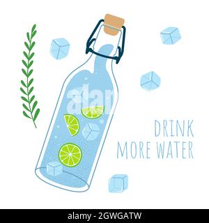 Vaso in vetro con acqua, calce e ghiaccio. Bere più acqua concetto. Illustrazione vettoriale in stile piatto disegnato a mano Illustrazione Vettoriale
