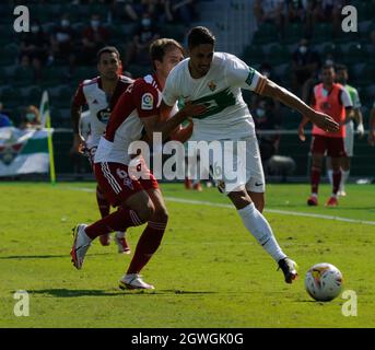 Elche, Spagna. 03 ottobre 2021. La Liga si è disputata tra Elche e Celta de Vigo allo stadio Martinez Valero. (Foto di Jose Luis Pérez/Pacific Press) Credit: Pacific Press Media Production Corp./Alamy Live News Foto Stock