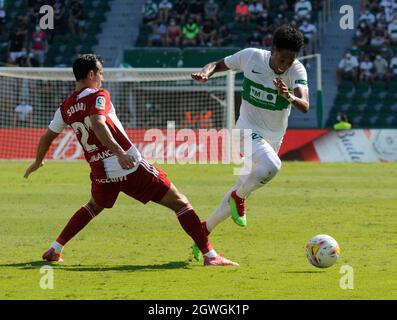 Elche, Spagna. 03 ottobre 2021. La Liga si è disputata tra Elche e Celta de Vigo allo stadio Martinez Valero. (Foto di Jose Luis Pérez/Pacific Press) Credit: Pacific Press Media Production Corp./Alamy Live News Foto Stock