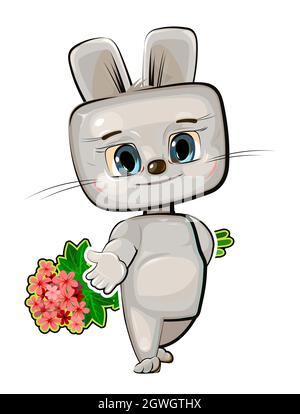 Carino capretto Hare allunga la sua mano suggerire amicizia. Vuole dare un bouquet di fiori. Animale divertente. Illustrazione per i bambini. Isolato su w Illustrazione Vettoriale