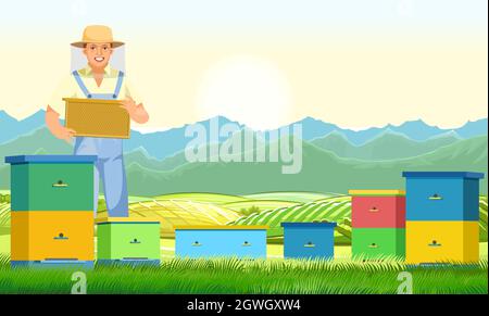 Apicoltore. Apiary in un paesaggio rurale con montagne. Carattere in uniforme e maglia di protezione cappello. Persona è un uomo di mezza età. Sorrisi carini. Vettore. Illustrazione Vettoriale