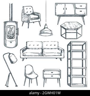 Soggiorno moderno arredamento icone set. Illustrazione dello schizzo disegnata a mano vettoriale. Elementi di design degli interni isolati su sfondo bianco. Accogliente contemporaneo Illustrazione Vettoriale
