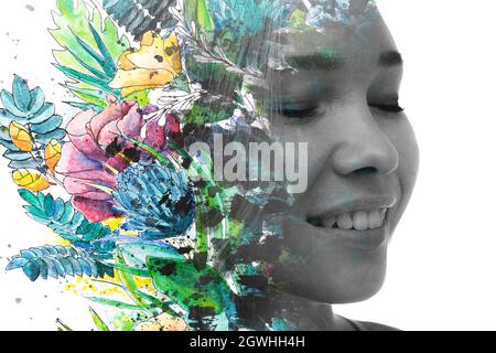 Pittura. Colorate piante tropicali combinate con un ritratto bianco e nero Foto Stock