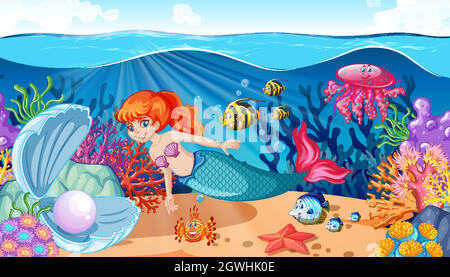 Stile fumetto a tema Mermaid e Sea Animal su sfondo marino Illustrazione Vettoriale