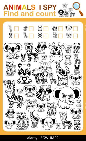 Libro da colorare pagina i spy. Conta e colora animali da zoo. Foglio di lavoro stampabile per asilo e scuola prescolare Illustrazione Vettoriale