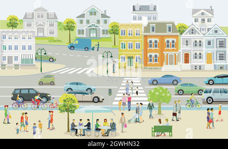 Piccola città con case e traffico, pedoni nel sobborgo - illustrazione Illustrazione Vettoriale