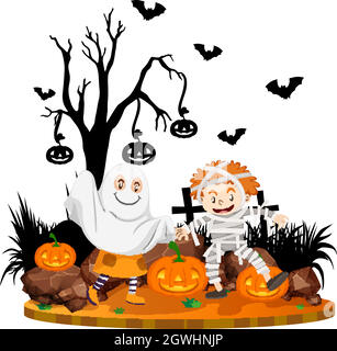 Scena di Halloween con i bambini in costume Illustrazione Vettoriale