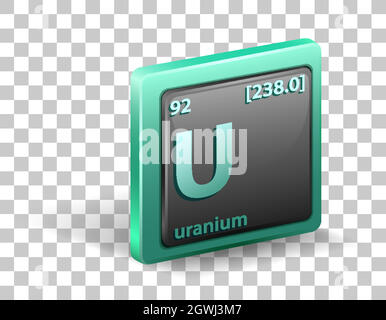 Elemento chimico dell'uranio. Simbolo chimico con numero atomico e massa atomica. Illustrazione Vettoriale