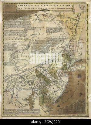Una mappa di Pensilvania, New-Jersey, New-York e delle tre contee del Delaware. Creato / pubblicato, Philadelphia 1749. Foto Stock