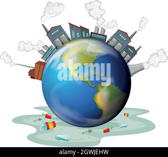 Edifici di fabbrica e poluzione sulla terra Illustrazione Vettoriale