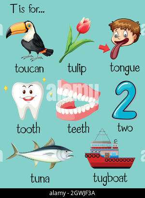 Molte parole iniziano con la lettera T. Illustrazione Vettoriale