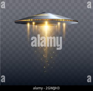 Navicella spaziale UFO con fascio di luce isolato su sfondo trasparente. Illustrazione vettoriale Illustrazione Vettoriale