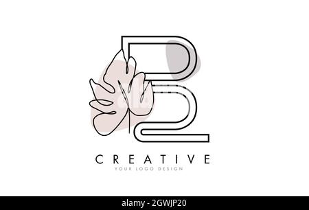 Disegno a forma di lettera B con logo Monstera Leaf One Line disegno Vector Illustration con design minimalista disegnato a mano. Illustrazione Vettoriale