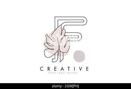 Disegno a forma di lettera F con logo Monstera Leaf One Line disegno a forma di disegno a mano con design minimalista. Illustrazione Vettoriale