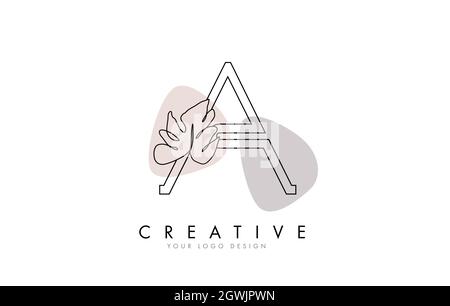 Black Outline Una lettera logo disegno con Monstera Leaf One Line disegno Vector Illustration con design minimalista stile disegnato a mano. Illustrazione Vettoriale