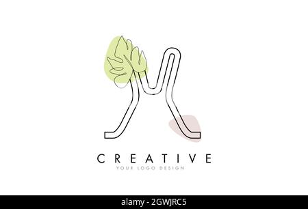 Disegno a forma di X lettera con logo Monstera Leaf One Line disegno Vector Illustration con design minimalista disegnato a mano. Creativo ed elegante Illustrazione Vettoriale