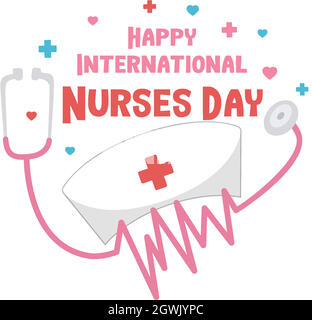 Happy International Nurses Day font con stetoscopio e simbolo a croce Illustrazione Vettoriale