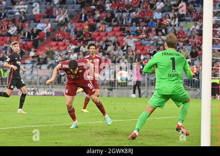 Monaco di Baviera, Germania. 03 ottobre 2021. Goalchance Robert LEWANDOWSKI (FC Bayern Monaco di Baviera), azione, duelli - non riesce a sventare Kevin TRAPP (Eintracht Francoforte). Calcio 1. Bundesliga stagione 2021/2022, 7° giorno di festa, giorno di festa 07. FC Bayern Monaco-Eintracht Francoforte 1-2, il 3 ottobre 2021, ALLIANZARENA Muenchen. Credit: dpa/Alamy Live News Foto Stock