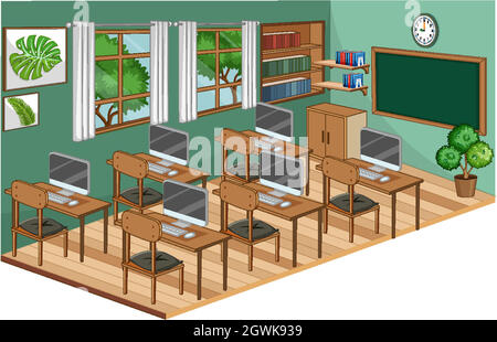 Interni in classe con mobili in colore verde a tema Illustrazione Vettoriale