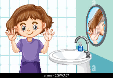 Cute ragazza pulizia mani in bagno Illustrazione Vettoriale